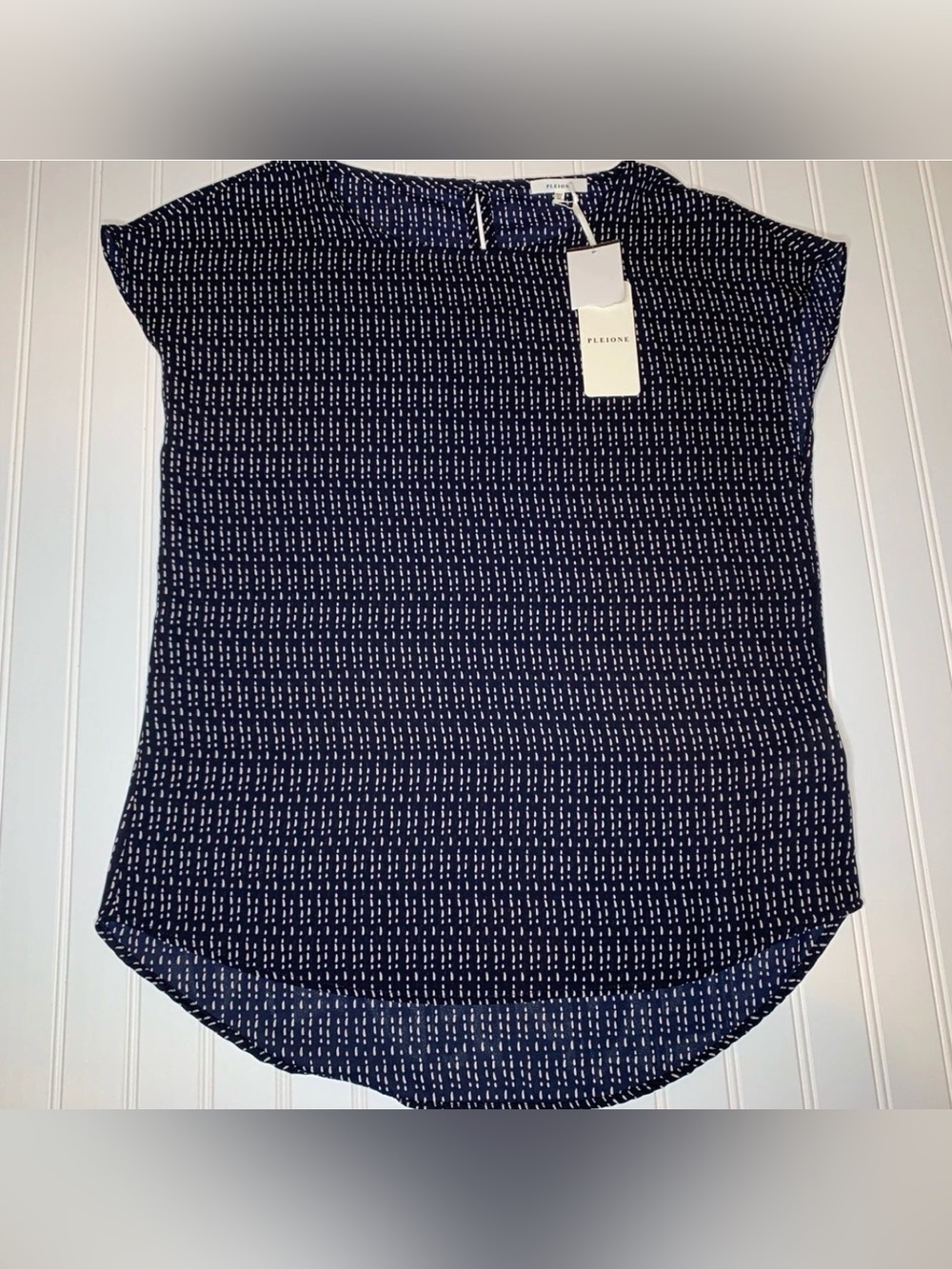 Pleione Navy Print Tunic Womens XS Rayon Hi Low NEW 1083
